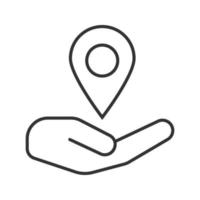 Open hand with map pinpoint linear icon. GPS navigation. Thin line illustration. Contour symbol. Vector isolated outline drawing