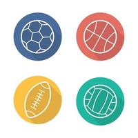 Conjunto de iconos de larga sombra lineal de bolas de deporte. balones de voleibol, baloncesto, fútbol y rugby. ilustración de línea vectorial vector