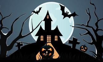 Casa de Halloween con cabeza de calabaza en la montaña por la noche en el fondo de luna llena con cruz de árbol y murciélagos. concepto de fondo feliz día de halloween. diseño de ilustración vectorial vector