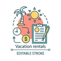 Vacation rentals concept icon. Apartment, cottage, beach house rent idea thin line illustration. Tropical vacation. Journey and travel planning. Vector isolated outline drawing. Editable stroke