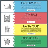 Supermarket banner templates set. Shopping cart, credit cards, pos terminal, atm machine. Website menu items with linear icons. Color web banner. Vector headers design concepts