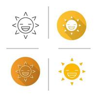 icono de sonrisa de sol riendo. diseño plano, estilos lineales y de color. buen humor. cara de sol feliz con amplia sonrisa y ojos cerrados. ilustraciones vectoriales aisladas vector