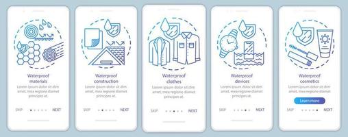 Waterproof equipment, clothing onboarding mobile app page screen with linear concepts. Moisture resistant gadgets walkthrough steps graphic instructions. UX, UI, GUI vector template with illustrations