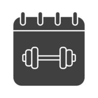 Gym workout schedule glyph icon. Silhouette symbol. Calendar page with gym barbell. Negative space. Vector isolated illustration