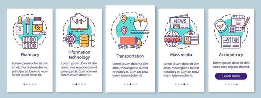 Service industries onboarding mobile app page screen with linear concepts. Media, information technology. Five walkthrough steps graphic instructions. UX, UI, GUI vector template with illustrations