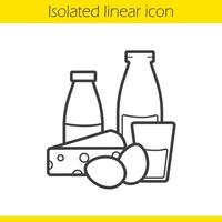 Dairy products linear icon. Thin line illustration. Yogurt, bottle and glass of milk, eggs and cheese. Grocery store items contour symbol. Vector isolated outline drawing