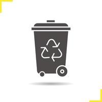 Recycle bin icon. Drop shadow silhouette symbol. Dustbin on wheels. Wastebasket. Negative space. Vector isolated illustration