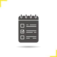 To do list glyph icon. Drop shadow notepad silhouette symbol. Spiral notebook with tick mark. Negative space. Vector isolated illustration