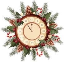 A symbol of the New Year. Wall clock with a wreath of Christmas tree branches, cones, holly leaves and mistletoe. Realistic illustration. Vector. vector