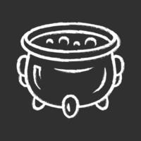 Witch cauldron chalk icon. Brew potion. Wicked witchcraft and sorcery. Witch soup. Iron pot, boiler with boiling magical poison, liquid. Halloween wizard item. Isolated vector chalkboard illustration