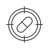 Aim on pill linear icon. Drugs searching thin line illustration. Pharmacy, pharmacist finding contour symbol. Vector isolated outline drawing