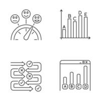 conjunto de iconos lineales de encuesta. nivel de satisfacción. escala de evaluación. medidor de evaluación. Estadísticas. proceso de interrogatorio. símbolos de contorno de línea fina. ilustraciones de contorno de vector aislado. trazo editable