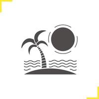 Tropical island icon. Seashore vacation silhouette symbol. Island with sun, waves and palm tree. Negative space. Vector isolated illustration