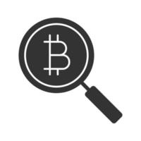 Bitcoin research glyph icon. Magnifying glass with cryptocurrency. Silhouette symbol. Exploring bitcoin. Negative space. Vector isolated illustration