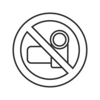 Forbidden sign with video camera linear icon. Thin line illustration. Videotaping prohibition. Stop contour symbol. Vector isolated outline drawing