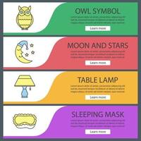 Conjunto de plantillas de banner web de accesorios para dormir. búho, luna y estrellas, lámpara de mesa, antifaz para dormir. elementos del menú de color del sitio web. conceptos de diseño de encabezados vectoriales vector