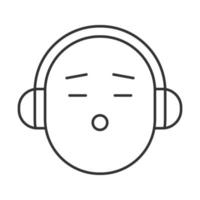 Smile with headphones linear icon. Thin line illustration. Listening to music smiley. Contour symbol. Vector isolated outline drawing