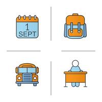 School and education color icons set. September 1st date, school bus, student's rucksack, pupil sitting at desk. Isolated vector illustrations