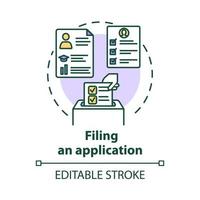 Filling an application concept icon. Submission of documents. Recruitment service. Candidate for vacant position idea thin line illustration. Vector isolated outline drawing. Editable stroke