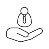 Open hand with businessman linear icon. Personnel management. Thin line illustration. Admin, manager. Contour symbol. Vector isolated outline drawing