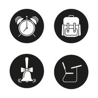 School and education glyph icons set. Student's backpack, alarm clock, ringing school bell, desk. Vector white silhouettes illustrations in black circles
