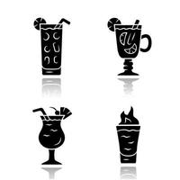 Drinks drop shadow black glyph icons set. Cocktail in highball glass, hot toddy, pina colada, flaming shot. Alcoholic mixes, soft drinks. Refreshing, warming beverages. Isolated vector illustrations