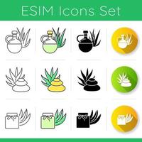 Aloe vera icons set. Spa treatment. Medicinal herbs. Natural cream and organic lotion. Organic antioxidant. Moisturizing extract. Linear, black and RGB color styles. Isolated vector illustrations