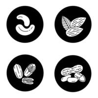 Nuts glyph icons set. Almond, peanut, cashew and pecan nuts. Vector white silhouettes illustrations in black circles