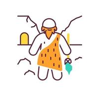 Caveman color icon. Prehistoric man with beard. Primeval hunter with spear. Neanderthal in old age. Ancestor standing with weapon. Ancient history. Man near house ruins. Isolated vector illustration