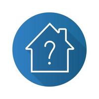 Housing problems flat linear long shadow icon. House with question mark inside. Vector outline symbol
