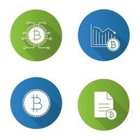 Bitcoin flat design long shadow glyph icons set. Bitcoin document, falling, payment. Vector silhouette illustration