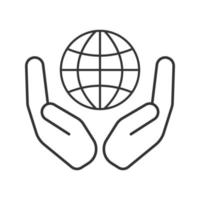 Open palms with globe linear icon. World care. Thin line illustration. Global problems solving. Contour symbol. Vector isolated outline drawing