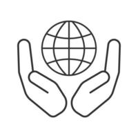 Open palms with globe linear icon. World care. Thin line illustration. Global problems solving. Contour symbol. Vector isolated outline drawing