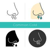 Drip nose icon. Common cold. Grippe symptome. Flu infection. Runny nose, snot. Nasal illness. Disease and sickness. Allergy. Sneeze. Flat design, linear and color styles. Isolated vector illustrations