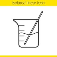 Beaker with rod and liquid linear icon. Thin line illustration. Chemistry experiment contour symbol. Vector isolated outline drawing