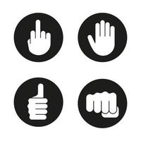 Hand gestures icons set. Middle finger up, palm, punch, thumbs up. Vector white silhouettes illustrations in black circles