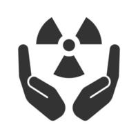 Open palms with radioactive symbol glyph icon. Silhouette symbol. Safe nuclear power. Negative space. Vector isolated illustration