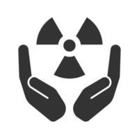 Open palms with radioactive symbol glyph icon. Silhouette symbol. Safe nuclear power. Negative space. Vector isolated illustration