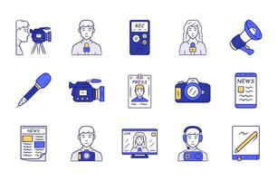 Mass media blue color icons set. Press. Television, radio broadcasting. Taking an interview, photographing events. News recording and filming, announcements. Isolated vector illustrations