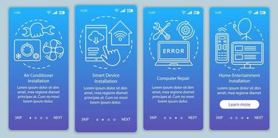 Servicios para el hogar para dispositivos electrónicos que incorporan una plantilla de vector de pantalla de página de aplicación móvil. paso a paso del sitio web con ilustraciones lineales. reparación de ordenador. concepto de interfaz de teléfono inteligente ux, ui, gui