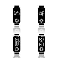 Fitness tracker notifications drop shadow black glyph icons set. Wellness device with weather forecast, active movement control. Gadget with digital door and pulse sign. Isolated vector illustrations