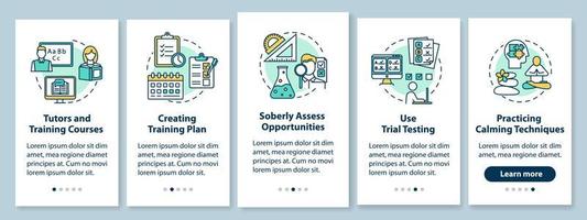 Pantalla de página de aplicación móvil de incorporación de entrada a la universidad con conceptos lineales. tutores y cursos. instrucciones gráficas de cinco pasos de tutorial. ux, ui, plantilla de vector de interfaz gráfica de usuario con ilustraciones