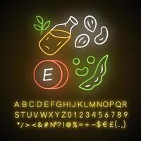 Vitamin E neon light icon. Peanuts, peas and beans. Seed oil. Healthy diet. Minerals, antioxidants. Tocopherol food source. Glowing sign with alphabet, numbers, symbols. Vector isolated illustration