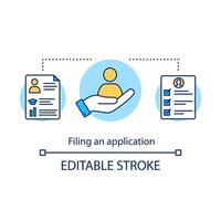 Filling an application concept icon. Submission of documents. Recruitment service. Suitable candidate. Staff search idea thin line illustration. Vector isolated outline drawing. Editable stroke