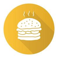delicioso icono de glifo de larga sombra de diseño plano amarillo hamburguesa. hamburguesa tradicional, ilustración de silueta de vector de comida chatarra. nutrición nociva, símbolo de servicio de comida para llevar. empanada con bollos y verduras