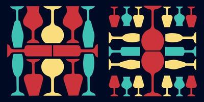 Glassware red, yellow and turquoise color icons set. Restaurant service. Alcohol bar. Port and madeira glasses. Wineglasses on dark blue background. Isolated vector illustrations