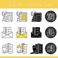 Survey methods icons set. Email, internet connection poll. Interview. Emotional opinion. Customer review. Feedback. Glyph design, linear, chalk and color styles. Isolated vector illustrations