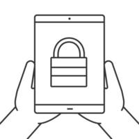 Hands holding tablet computer linear icon. Cyber security. Thin line illustration. Tablet computer with closed padlock. Contour symbol. Vector isolated outline drawing