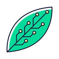 Green leaf with microchip color icon. Smart agriculture. Green information technology. Organic chemistry. Nanotechnology and microelectronics. Biotechnology development. Isolated vector illustration