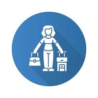 mujer inmigrante azul diseño plano larga sombra icono de glifo. viajero, turista, pasajero con bolso y maleta. viajar al exterior. viaje turístico. vacaciones, turismo. ilustración de silueta de vector